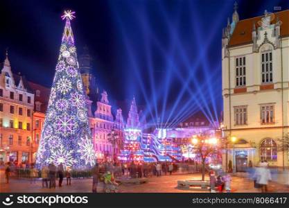 Wroclaw. The central market square at night.. Market Square in colorful illuminations and decorations for Christmas. Wroclaw. Poland.