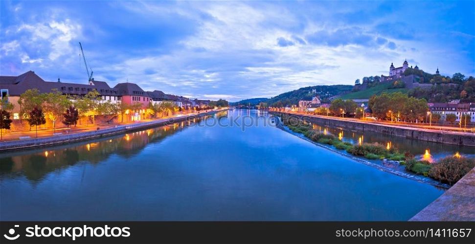 Wurzburg. Old Main Bridge over the Main river and scenic riverfrontof Wurzburg dawn view, Bavaria region of Germany