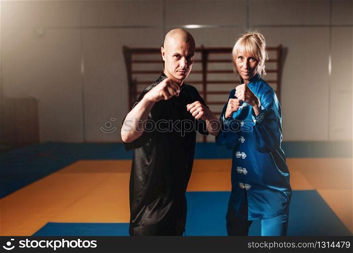 Wushu fighters, male and female partners poses indoor, martial arts culture