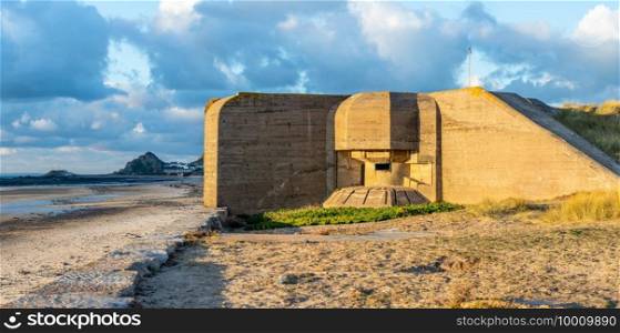 WWII concrete nazi bunker on the seashore of Saint Ouens Bay, bailiwick of Jersey, Channel Islands