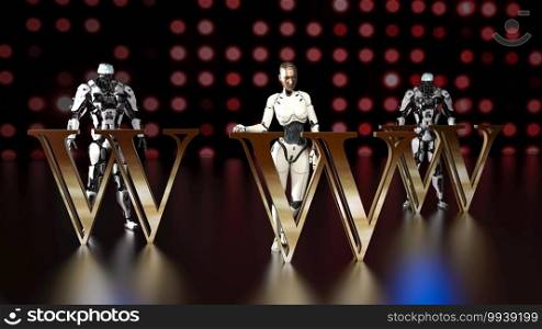 WWW text and three robots supporting them - 3d rendering. WWW text and three robots supporting them