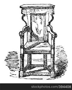 Wycliffe died chair or preserved in the Cathedral of Lutterworth, vintage engraved illustration. Colorful History of England, 1837.