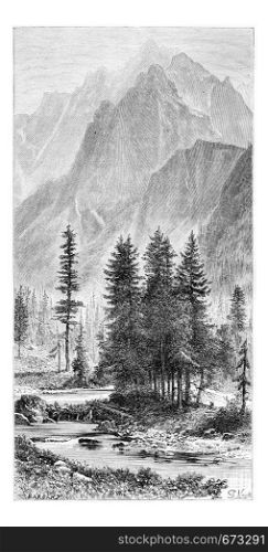 Wysoka Valley and Ganek Peak of the Pieniny Mountains, Poland, drawing by G. Vuillier from a photograph, vintage engraved illustration. Le Tour du Monde, Travel Journal, 1881
