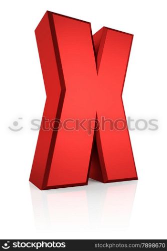 X letter. Red letter on reflective floor. White background. 3d render
