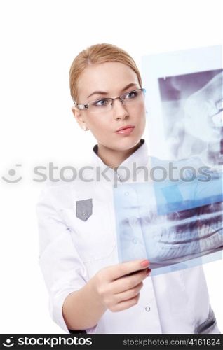 X-ray of a young doctor looks on a white background