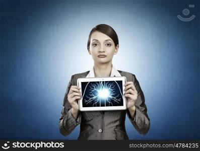 X-ray of lungs. Woman holding tablet pc with lungs xray concept