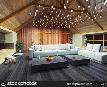 &#xA;beautiful modern interior loft in the evening. 3d concept design.