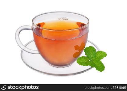 &#xA;Glass cup of fresh tea with mint leaves isolated on white background