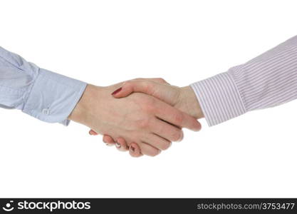 &#xA;Man and woman handshake, isolated on white background