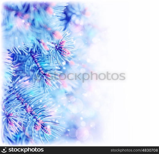 &#xA;Picture of frozen pine tree border, copy space, Christmas tree covered hoar isolated on white background, spruce branch in wintertime, conifer needle covered with rime, New Year greeting card