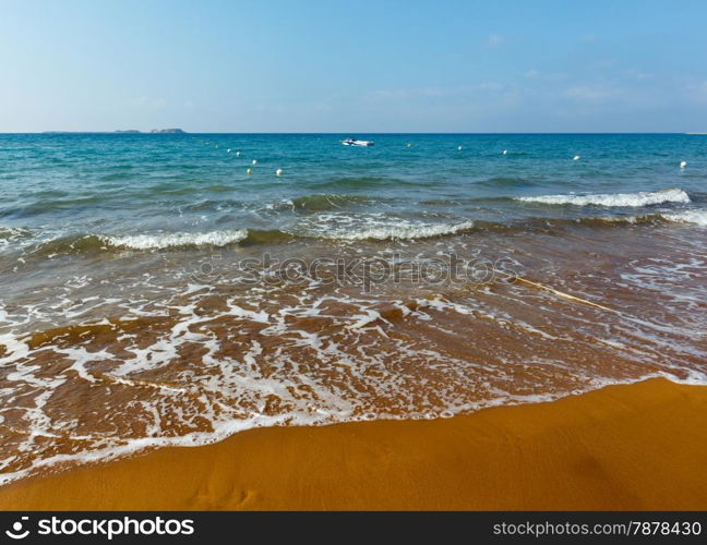 Xi Beach with red sand. Morning view (Greece, Kefalonia). Ionian Sea.