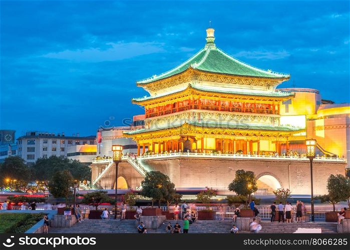 Xian bell tower (chonglou) in Xian ancient city of China at dusk