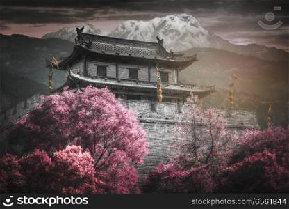 Xian city wall. The largest monument of Chinese architecture. Infrared photography