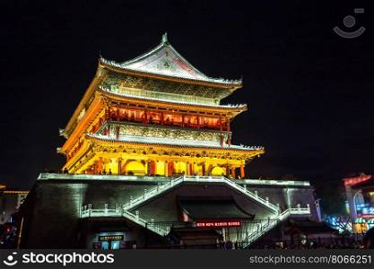 Xian drum tower (guluo) in Xian ancient city of China at night