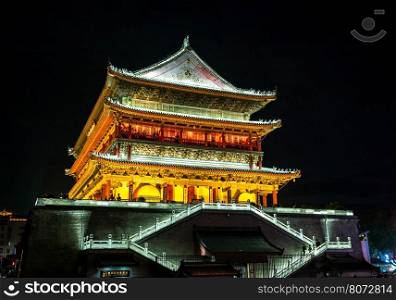 Xian drum tower (guluo) in Xian ancient city of China at night