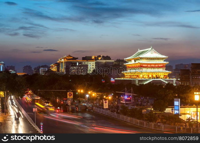 Xian drum tower (guluo) in Xian ancient city of China sunset