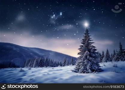 xmas tree and starry night sky in magical winter wonderland, created with generative ai. xmas tree and starry night sky in magical winter wonderland