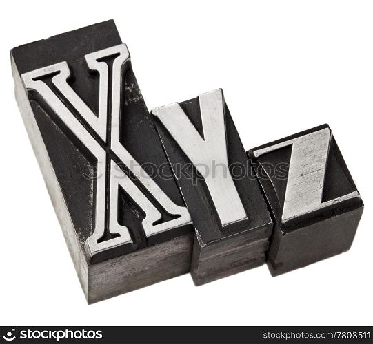 xyz - three last letters of alphabet (or Cartesian coordinates system) in vintage letterpress metal type