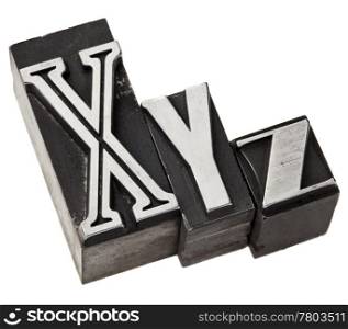 xyz - three last letters of alphabet (or Cartesian coordinates system) in vintage letterpress metal type