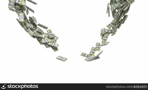 Y-shaped US dollar bundles flow with slow motion. Wealth and money
