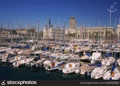 Yacht anchored in a harbor, Barcelona, Catalonia, Spain