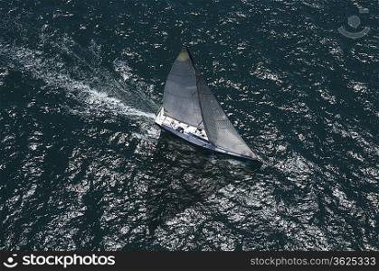 Yacht competes in team sailing event California aerial view