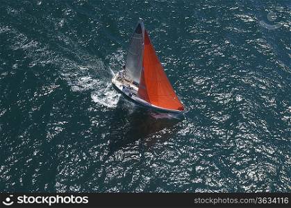 Yacht competes in team sailing event California aerial view