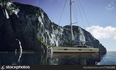 yacht in the sea with greeny rocky island