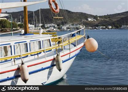 Yacht moored in the sea, Skala, Patmos, Dodecanese Islands, Greece