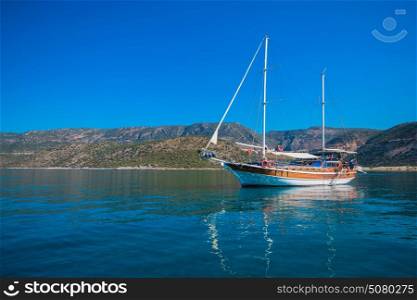 yacht on bay. yacht on bay and castle in Kekova, near ruins of the ancient city on the Kekova island, Turkey