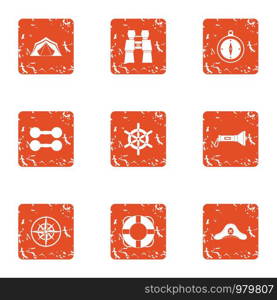 Yacht trip icons set. Grunge set of 9 yacht trip vector icons for web isolated on white background. Yacht trip icons set, grunge style