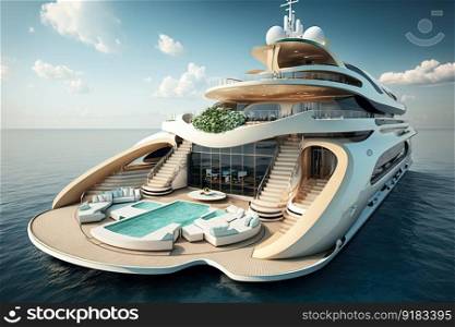 yacht, with its deck lined with sun loungers and bbq equipment, surrounded by sun-drenched waters, created with generative ai. yacht, with its deck lined with sun loungers and bbq equipment, surrounded by sun-drenched waters