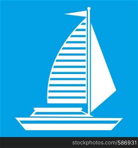 Yacht with sails icon white isolated on blue background vector illustration. Yacht with sails icon white