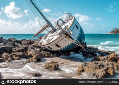Yacht wrecked by Hurricane washes ashore. Generative AI.. Damaged yacht washed ashore after Hurricane