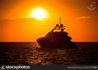 Yachtig on open sea at golden sunset view, Zadar, Dalmatia, Croatia