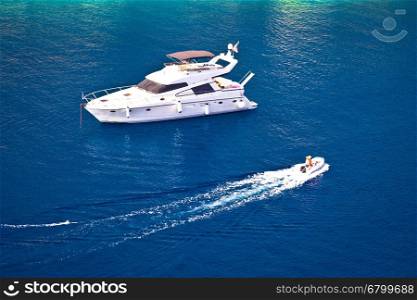 Yachting on blue sea aerial view, islands of Dalmatia, Croatia