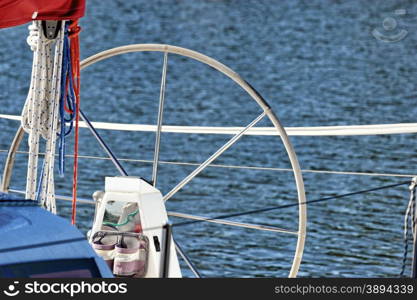 Yachting. Sailboat in the sea, view of different parts of yacht. Detail of a sailing boat