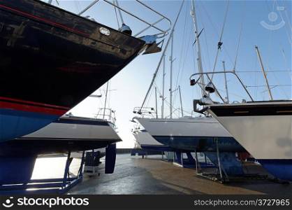 Yachts ashore in a boatyard for the winter in the UK