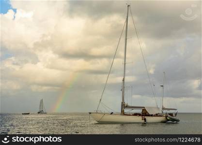 Yachts at Rodney bay with rainbow in the backround, Saint Lucia, Caribbean sea