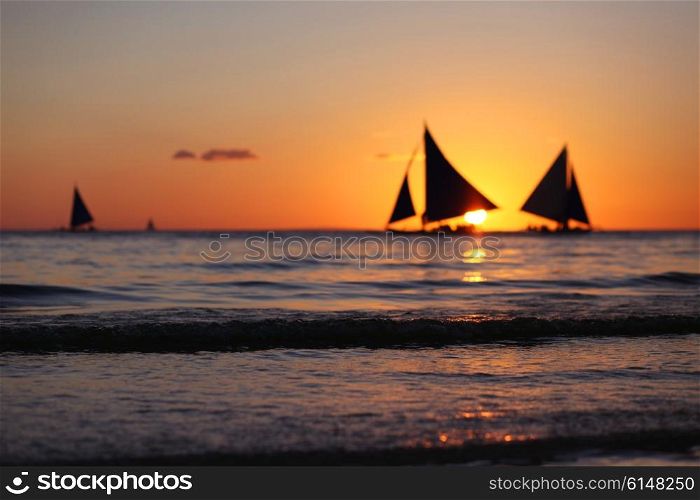 Yachts at sunset. Yachts sailing in tropical sea at sunset