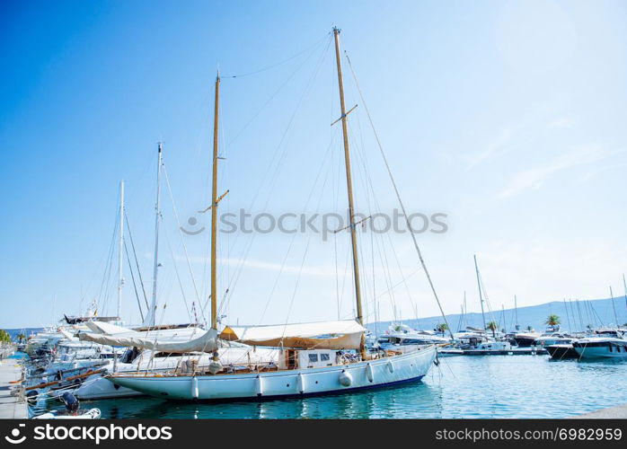 yachts in montenegro bay. mountains on background. beauty landscape. yachts in montenegro bay. mountains on background