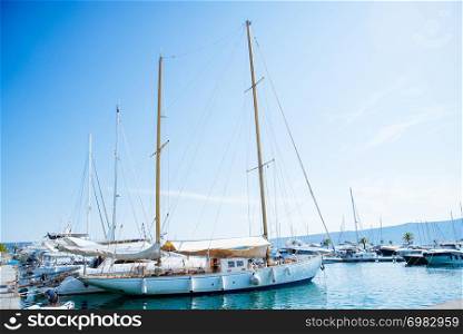 yachts in montenegro bay. mountains on background. beauty landscape. yachts in montenegro bay. mountains on background