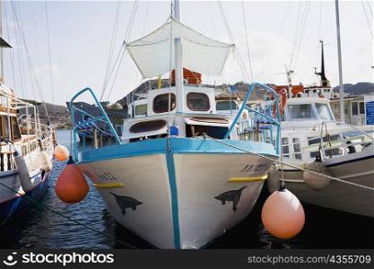 Yachts moored at a harbor, Skala, Patmos, Dodecanese Islands, Greece