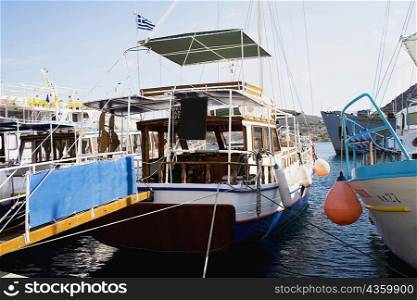 Yachts moored at a harbor, Skala, Patmos, Dodecanese Islands, Greece