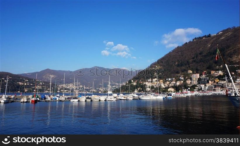 Yachts on their moorings, Tremezzo, Lake Como, Lombardy, Italy,