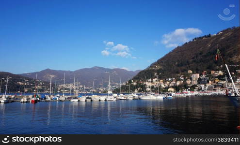 Yachts on their moorings, Tremezzo, Lake Como, Lombardy, Italy,