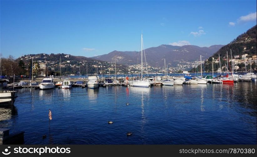 Yachts on their mornings, Tremezzo, Lake Como, Lombardy, Italy