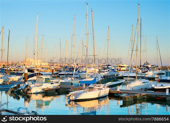 Yachts, sail boats and motorboats in marina of Cascais, Portugal.