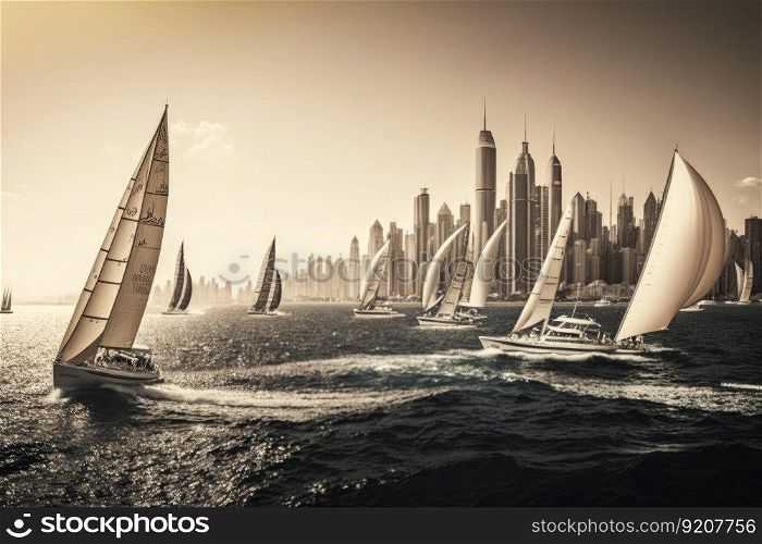 yachts sailing past the bustling city, with a view of the coastline in the background, created with generative ai. yachts sailing past the bustling city, with a view of the coastline in the background