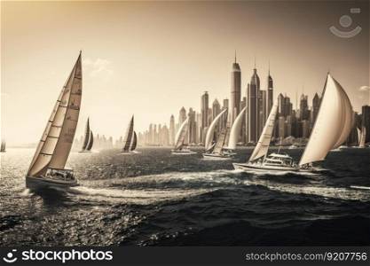 yachts sailing past the bustling city, with a view of the coastline in the background, created with generative ai. yachts sailing past the bustling city, with a view of the coastline in the background